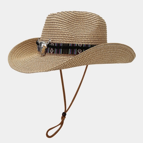 Cappello Da Cowboy In Paglia Western Per Uomini Donne Retro Intrecciato Protezione Solare Estate Con Teschio Di Toro
