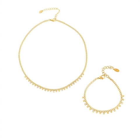Ensemble Collier Bracelet en Acier Inoxydable Plaqué Or 18K Minimaliste Gland à Perles Rondes Strass Bijoux pour Femmes Cadeau