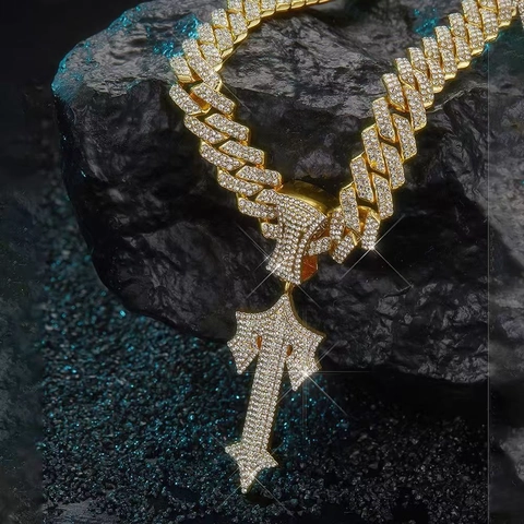 Collana Con Pendente Spada Croce Hip Hop Iced Out Catena A Maglia Cubana In Lega E Strass Per Uomo Donna