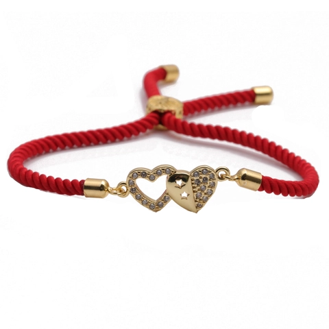 Interlocking Double Heart Star Charm Bracelet With Copper Beads And Cubic Zirconia Adjustable Woven Rope For Women