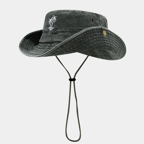 Bucket Hat Washed Cotton Coconut Tree Embroidery Outdoor Hiking Sun Protection Wide Brim Adjustable Packable For Men Women