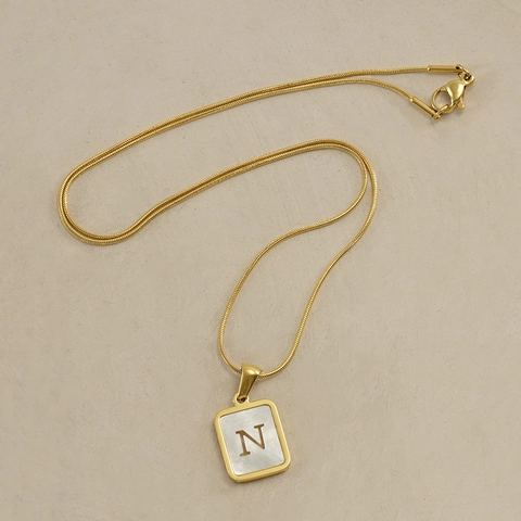 Initial Letter Square Pendant Necklace 18K Gold Plated Stainless Steel With Mother Of Artificial Pearl Inlay Snake Bone Chain Women