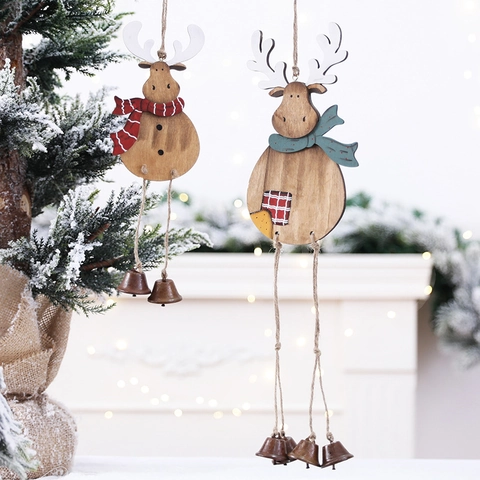 Ornamento Appeso Renna Di Natale Legno Campanelli Metallo Corda Di Juta Decorazione Albero Festivo Rustico
