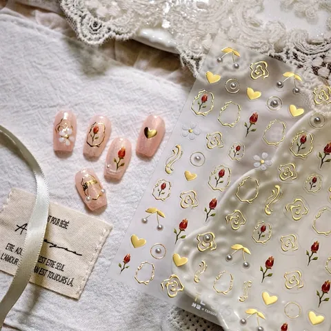 3D Relief Nail Art Stickers Gold Foil Bronzing Tulip Heart Rose Flower Vintage French Manicure Decoration DIY
