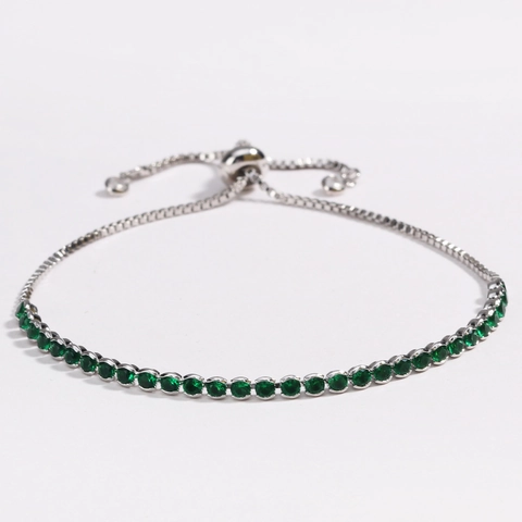 Bracelet Rivière Tennis Zircone Ronde Verte Laiton Plaqué Or Fermoir Bolo Ajustable Bijoux Pour Femmes