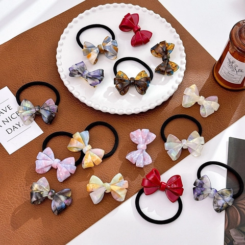 Bow Hair Ties And Clips Acetate Resin Marbling Retro Elastic Ponytail Holders For Women Girls Elegant Hair Styling