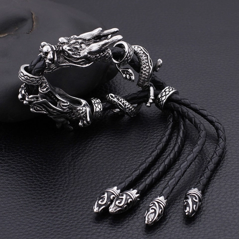 Bracelet Tête De Dragon Double Vintage Pour Hommes Cuir De Vachette Tressé Acier Inoxydable Punk Gothique Corde Réglable