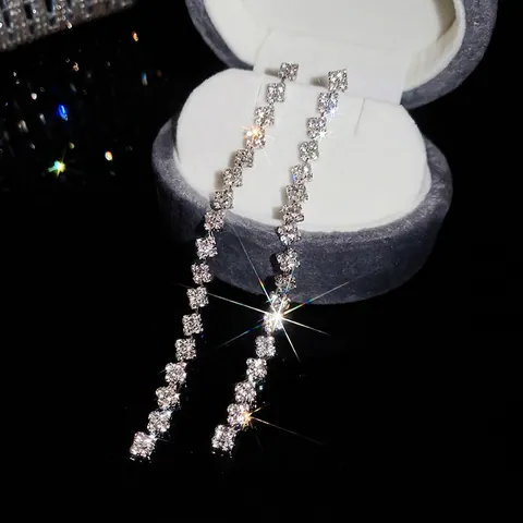 Geometric Square Rhinestone Long Tassel Drop Earrings Copper With 925 Sterling Silver Earring Post Elegant Sparkly