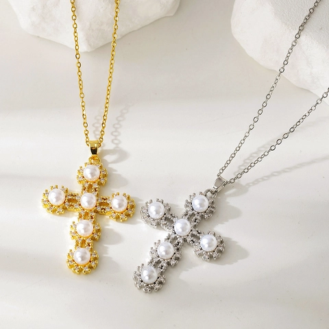 Collana con Ciondolo a Croce in Rame con Perla Artificiale di Lusso per Donna Placcata in Oro Argento Catena a Clavicola con Strass