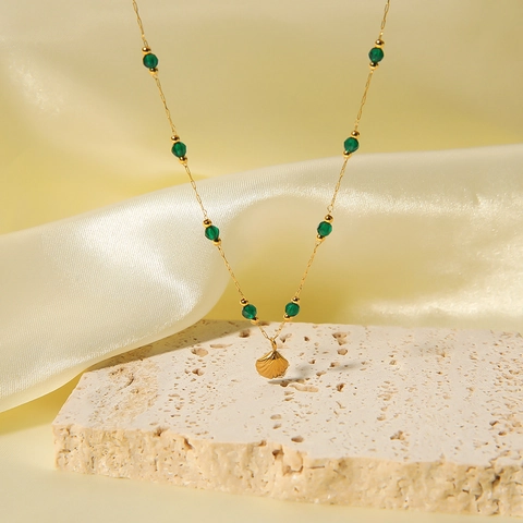 Collar Con Colgante De Concha Acero Inoxidable Chapado En Oro De 18K Cuentas Verdes Estilo Minimalista Francés Joyería