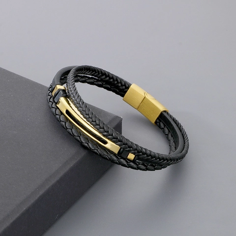 Braided Leather Bracelet For Men Stainless Steel Magnetic Buckle Multilayer Trendy Geometric Wristband Simple Style