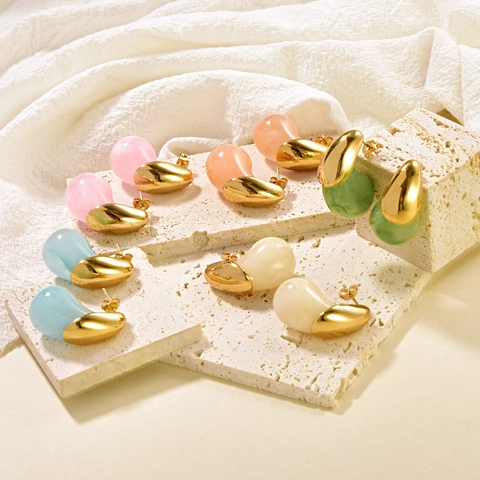 Colorful Resin Water Drop Stud Earrings Gold Plated Stainless Steel Minimalist Geometric Fashion Jewelry For Women