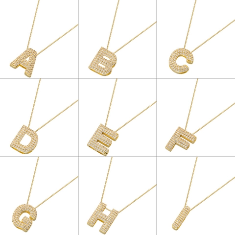 Initial Letter Necklace Copper Micro Pave Zircon Pendant Box Chain Luxury Hip Hop Style Women Jewelry
