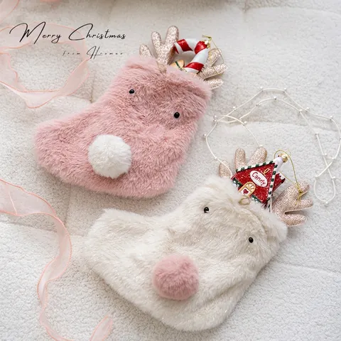 Christmas Reindeer Plush Stocking Gift Bag Faux Fur Elk Antler Artificial Pearl Strap Festive Holiday Party Decor Pink White