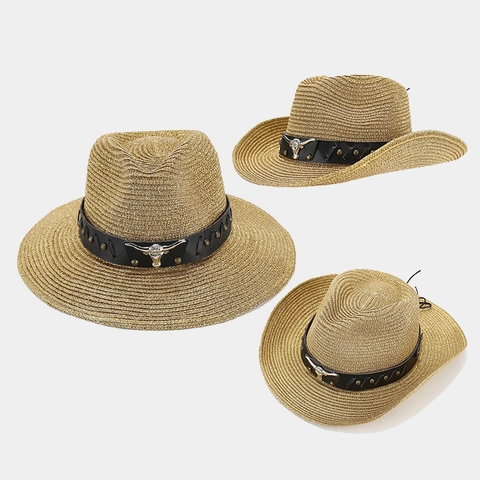 Western Cowboy Hat Straw Woven Sun Protection Outdoor Vintage Bull Head Belt Decoration For Men And Women