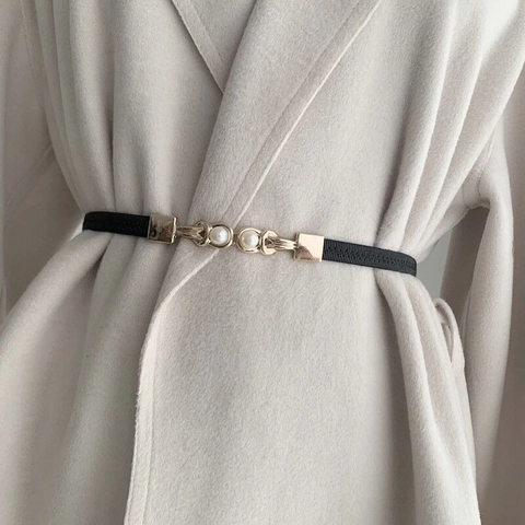Women Elastic Thin Waist Belt PU Leather Alloy Elegant Faux Artificial Pearl Buckle French Retro Dress Coat Decorative Accessory