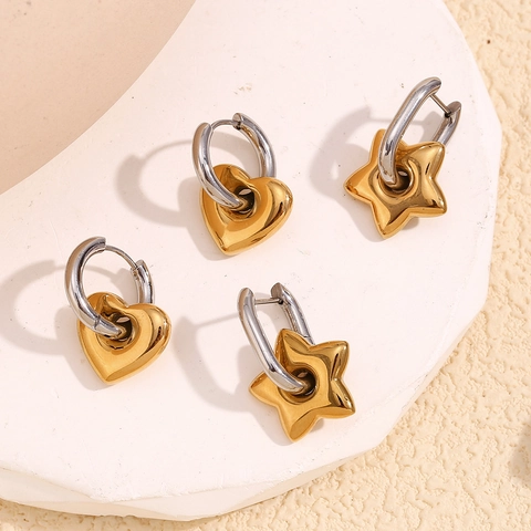 Orecchini Pendenti Cuore Stella Bicolore Acciaio Inossidabile Placcato Oro 18K Gioielli Geometrici Donna Eleganti