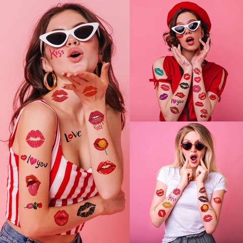 Lip Prints Temporäre Tattoo Aufkleber Herz Kuss Rose Wasserdicht Sexy Bunte Körperkunst Für Valentinstag Party Deko