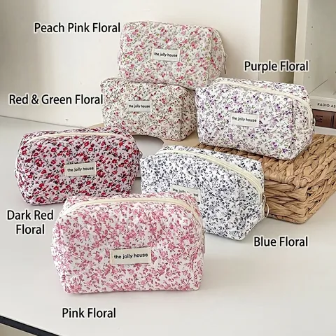 Floral Quilted Makeup Bag Cotton Aesthetic Small Flower Cosmetic Storage Pouch Travel Portable Zipper Organizer For Women