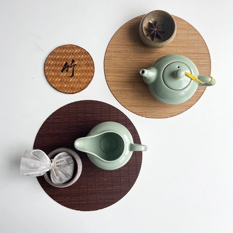 Woven Bamboo Placemat Natural Tea Mat Heat Resistant Table Pad Round Oval Zen Style Handmade Coaster