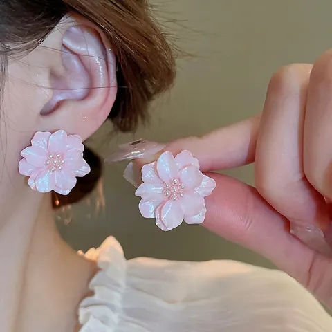 Pink Flower Stud Earrings With Alloy Acrylic Petals Faux Artificial Pearl And 925 Sterling Silver Earring Post Sweet Korean Style