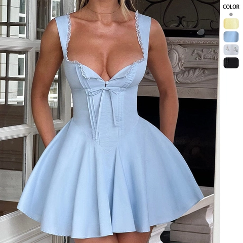 Robe Mini Corset Sexy Femme Dentelle Camisole Dos Nu Patchwork Plissé Ligne A Tenues De Club Party