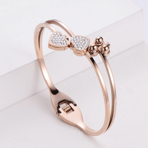 Heart Charm Open Bangle 304 Stainless Steel Double Layer Rhinestone Zircon 18K Gold Plated Elegant Jewelry For Women