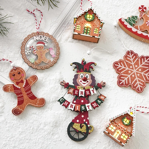 Christmas Hanging Ornaments Wooden LED Glowing House Gingerbread Man Snowman Reindeer Tree Decoration Festive Party Home Decor