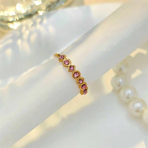 Stainless Steel Open Ring Geometric Wave Colorful Rhinestone Inlaid Adjustable Finger Jewelry For Women Niche Design