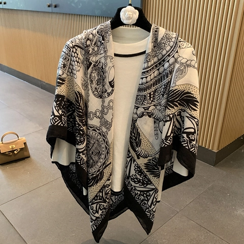 Vintage Baroque Chain Print Large Square Scarf For Women Cotton Linen Elegant Shawl Wrap Black White