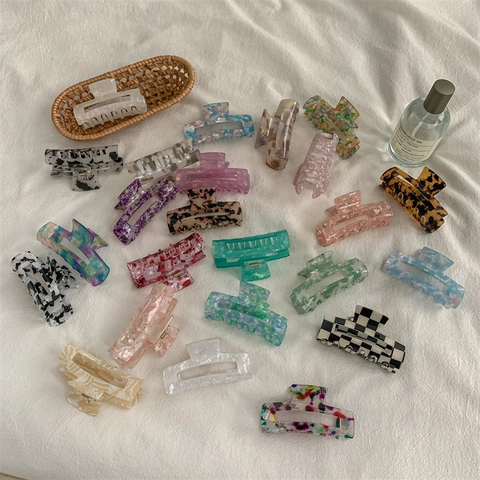 Marble Pattern Checkerboard Hair Claw Clip Rectangular Hollow Acetate Texture French Minimalist Hair Accessories For Women