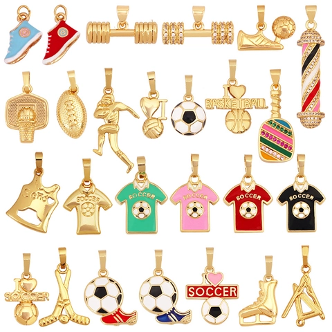 Sports Theme Pendants Copper 18K Gold Plated Enamel Rhinestone Basketball Soccer Dumbbell For DIY Jewelry Making