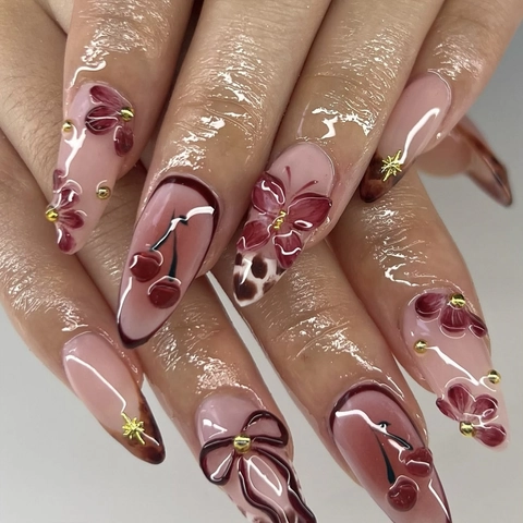 Long Almond Press On Nails Vintage Red Floral 3D Bow Cherry Embossed Leopard Print Artificial Finger Tips For Women