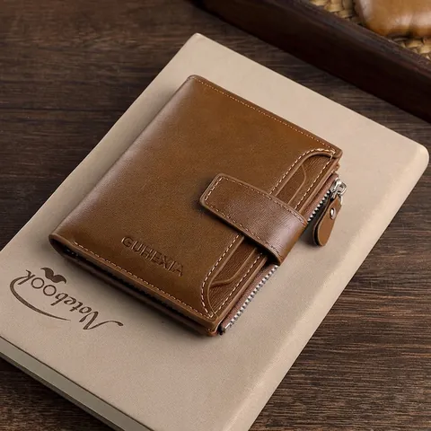 Cartera Hombre Plegable Corta Cuero PU Múltiples Ranuras Para Tarjetas Bolsillo Con Cremallera Botón Presión Estilo Vintage