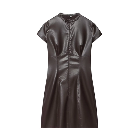 Vestito In Ecopelle PU Maniche Corte Collo Alto Cerniera Anteriore Aderente Sexy Marrone Scuro Mini