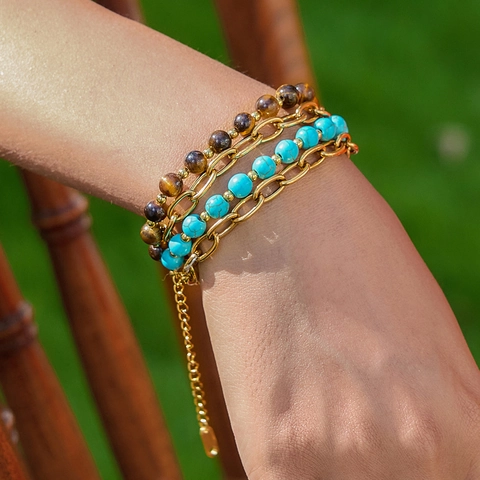 Bohemian Layered Armband Edelstahl Kette Tigerauge Stein Türkis Perlen Verstellbarer Schmuck Für Damen Urlaub