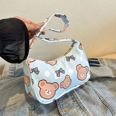 Damen Cartoon Bär Print Unterarmtasche Süße Polka Dot Schleife Nylon Umhängetasche Lässige Harajuku Handtasche Für Mädchen