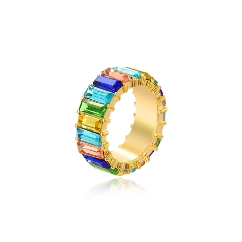 Fashion Rainbow Rectangle Cubic Zirconia Ring Gold Plated Brass Geometric Colorful Sparkly Finger Jewelry For Women