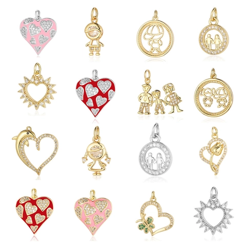 Pendentifs Coeur Rose Papillon Garçon Fille Cuivre Zirconium Émail DIY Accessoires Bijoux Ornement