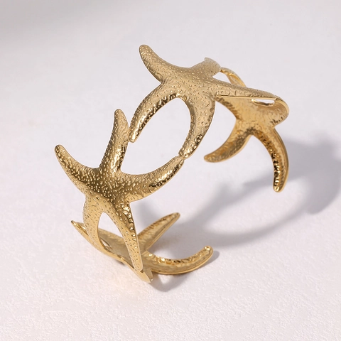 Brazalete Abierto De Estrella De Mar Acero Inoxidable Textura Martillada Estilo Océano Ajustable Para Mujer
