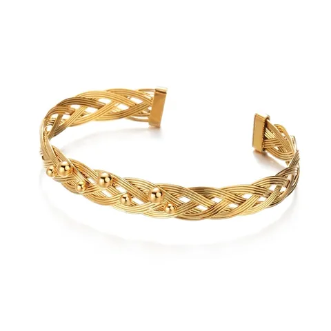 Open Bangle Bracelet Gold Plated Stainless Steel Woven Beads Cross Lattice Adjustable For Women Light Luxury Design