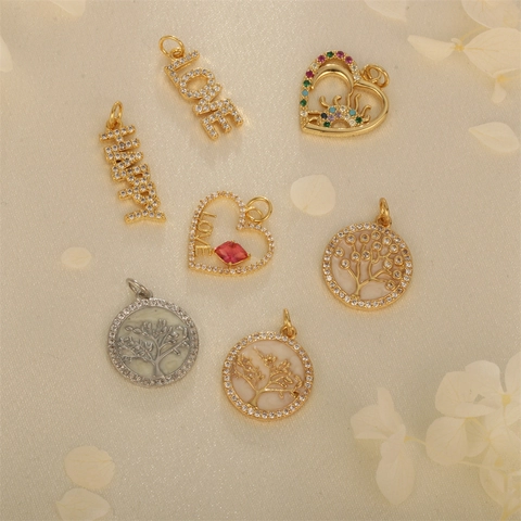DIY Charms Pendants Copper Gold Plated Zircon Inlaid Tree Of Life Heart Letter Happy Love For Jewelry Making Accessories