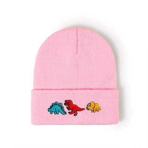 Kids Winter Knitted Beanie Hat Dinosaur Embroidery Warm Polyester Folded Cuff Outdoor Cap For Boys And Girls