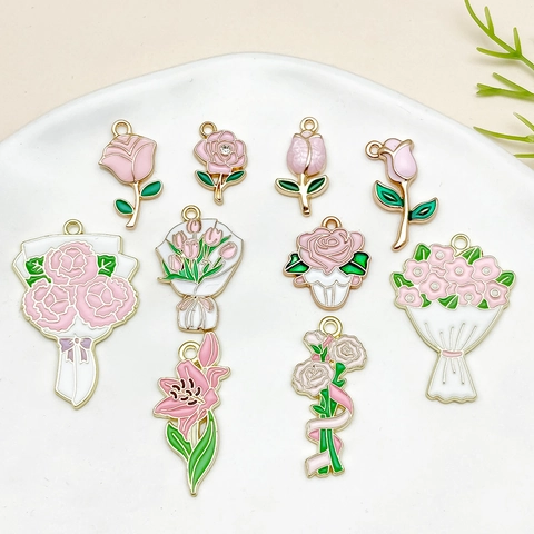 Rosa Blumen Charms Anhänger Emaille Zinklegierung Rose Tulpe Strauß Für DIY Halskette Schlüsselbund Schmuckherstellung