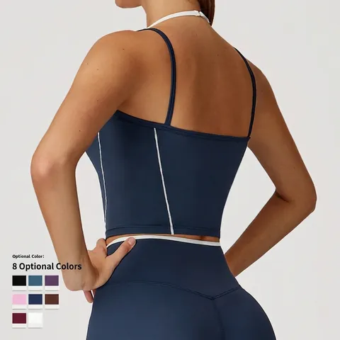 Layered Look Sports Bra Yoga Vest Halter Neck Contrast Piping Removable Padded Nude Feel High Impact Running Fitness Women