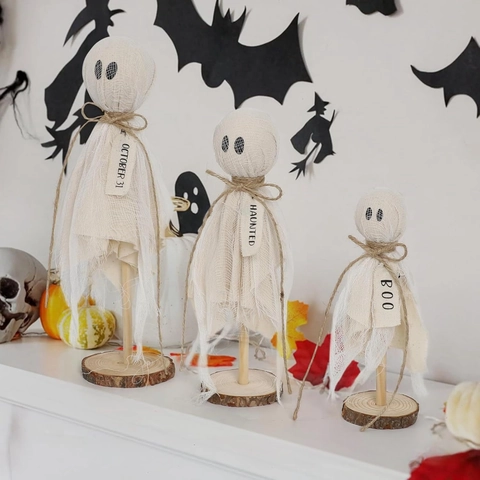 Ornements De Fantôme Halloween Rustiques Base En Bois Tissu Gaze Corde De Chanvre Décor De Bureau