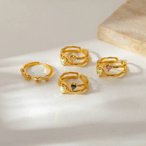 Anello Aperto a Doppio Strato a Cuore in Acciaio Inossidabile Vintage per Donna Placcato Oro Regolabile con Strass Cuore Gioielli