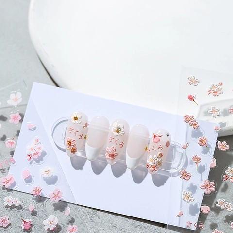 Sakura Cherry Blossom Relief Nail Stickers Self Adhesive Floral Design Pink White Manicure Decoration Accessories