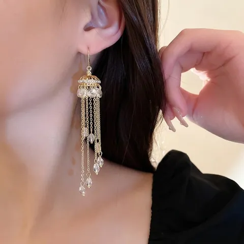 Orecchini Lunghi Con Nappine Stile Palazzo Vintage Oro Rame Con Cristallo Artificiale Goccia Per Donna