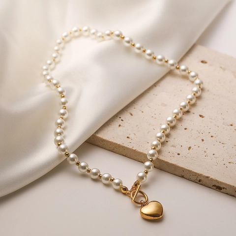 Minimalistische Herz Anhänger Künstliche Perlenkette Titanstahl Echtem Vergoldet Elegant OT Verschluss Schmuck Damen
